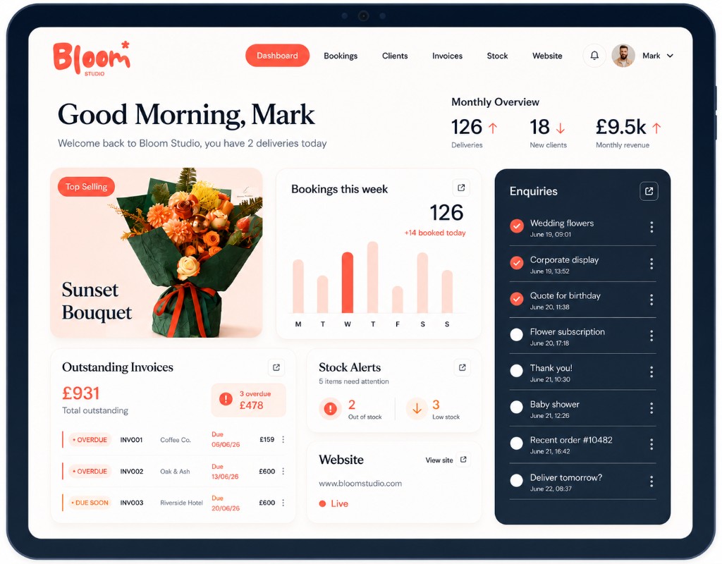 bloom studio demo dashboard showing bookings, stock alerts, invoices, enquiries and website status